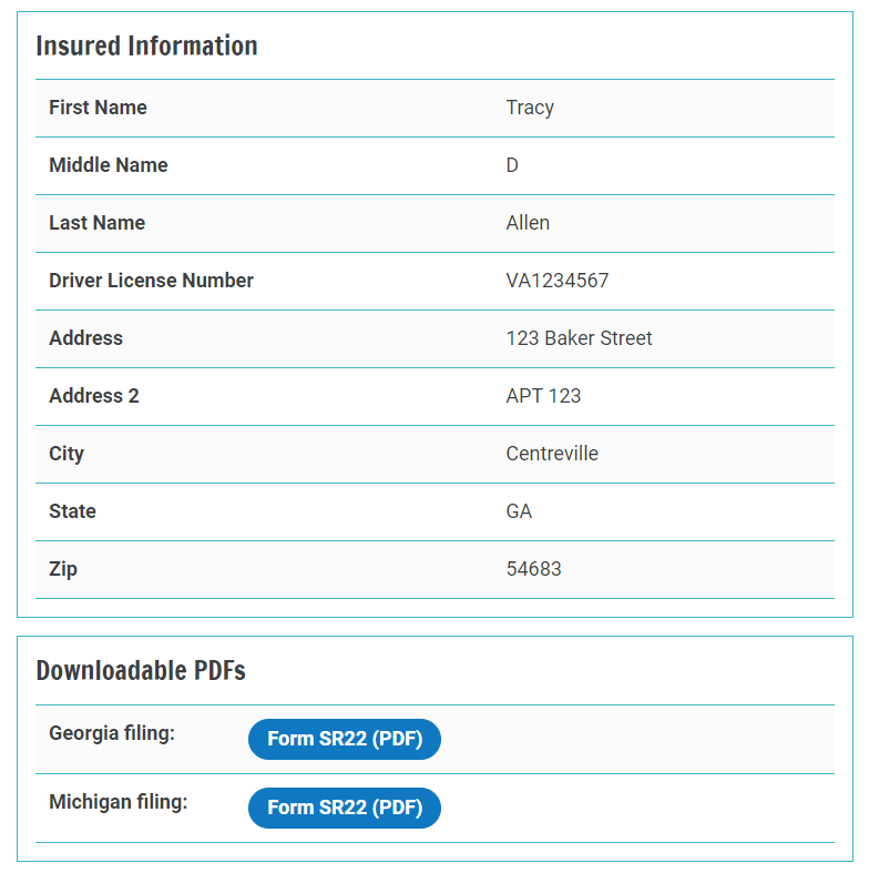 A screenshot of the improved SR22 and SR26 filing workflow that now allows users to generate PDFs for all states.